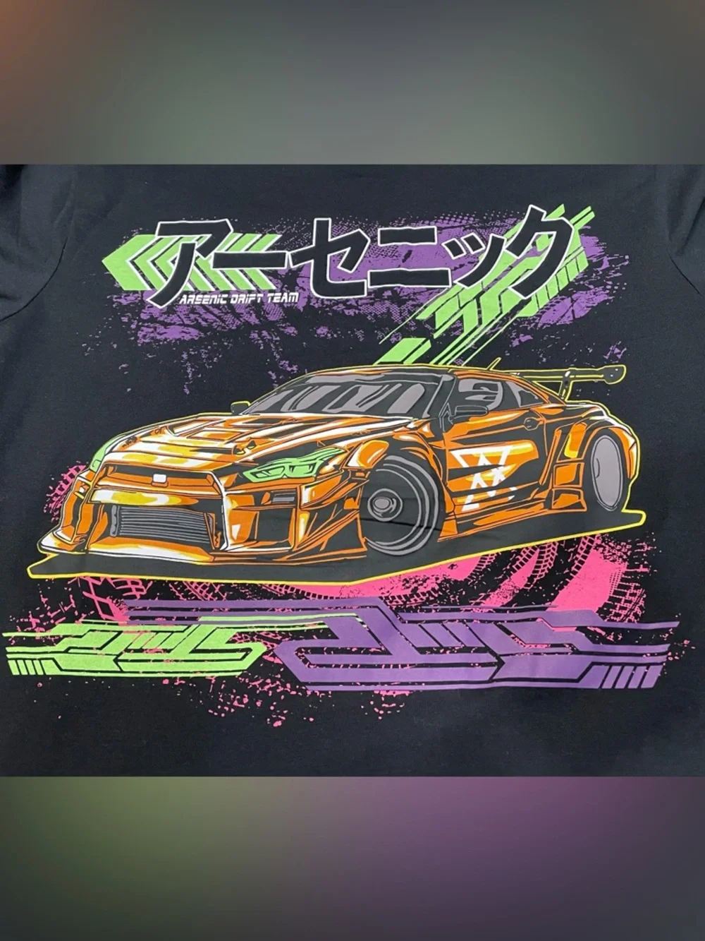 Arsenic Drift Team Graphic Tee - Black with Pink & Gold Car Print - Picture 2 of 3